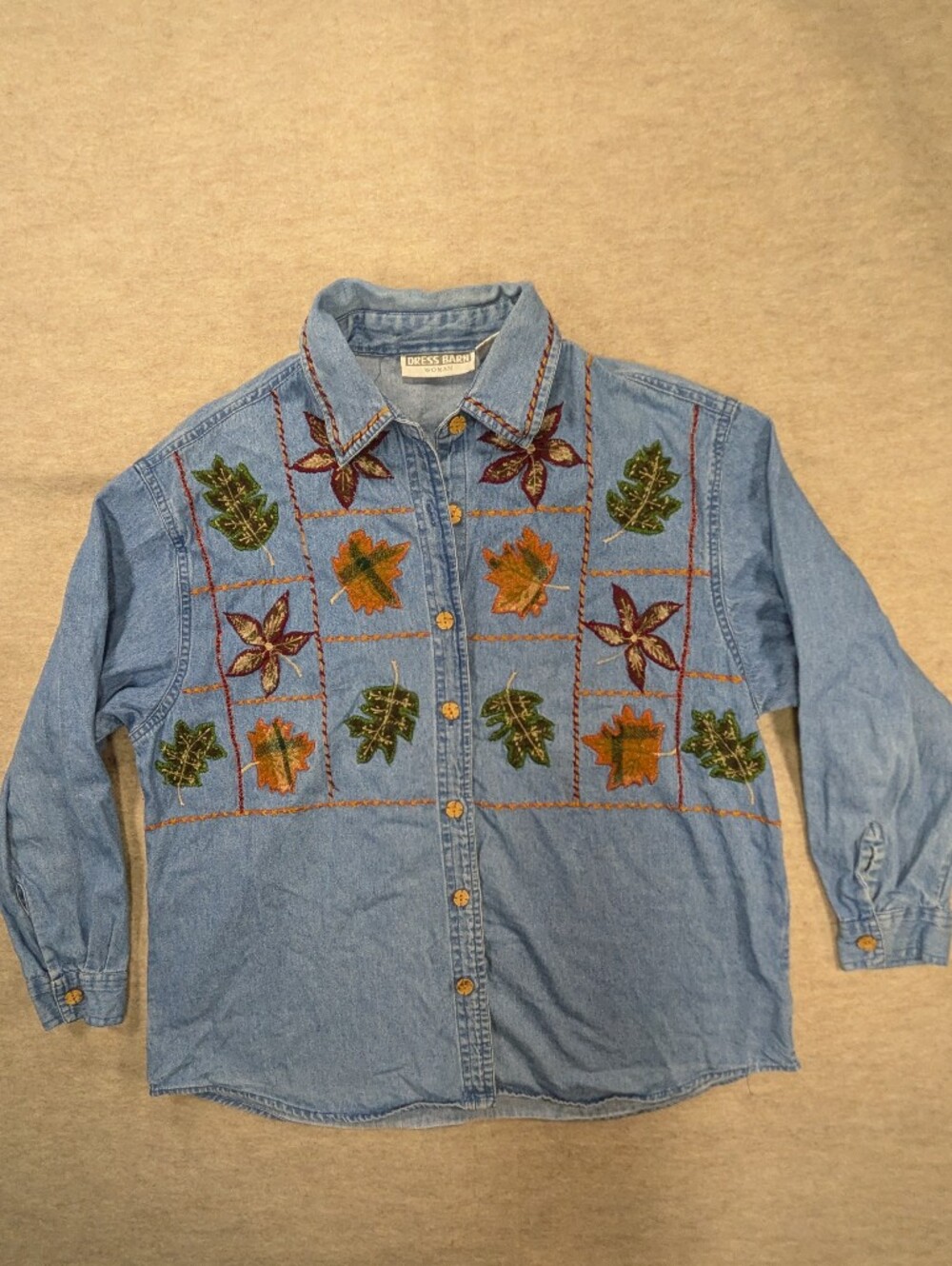 Cotton Autumn Fall Leaf Embroidery Wooden Buttons Dress Barn Demin Shirt 1X